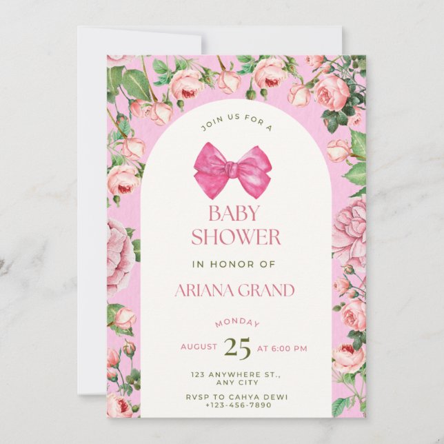 Rosa blommig baby shower-inbjudan – redigerbar mal inbjudningar (Framsida)
