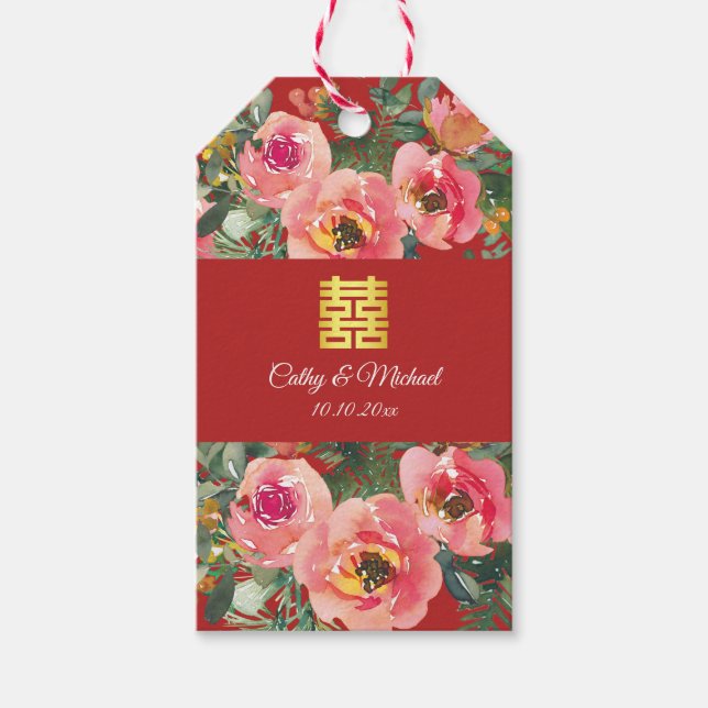 Rosa blommig bakgrund dubbel lyckasymbol presentetikett (Framsidan)