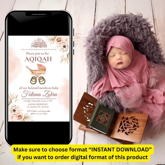 Rosa blommig barnvagn Babyflicka Muslimsk Aqiqah Inbjudningar (Skapare uppladdad)