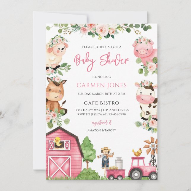 Rosa Blommig Barnyard Baby Shower Inbjudningar (Framsida)
