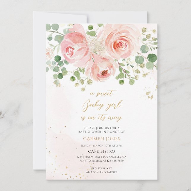 Rosa Blommig Bebis Baby Shower Inbjudningar (Framsida)