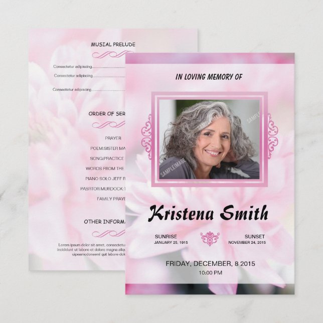 Rosa blommig begravningsprogramkortsmall inbjudningar (Fram/baksida)