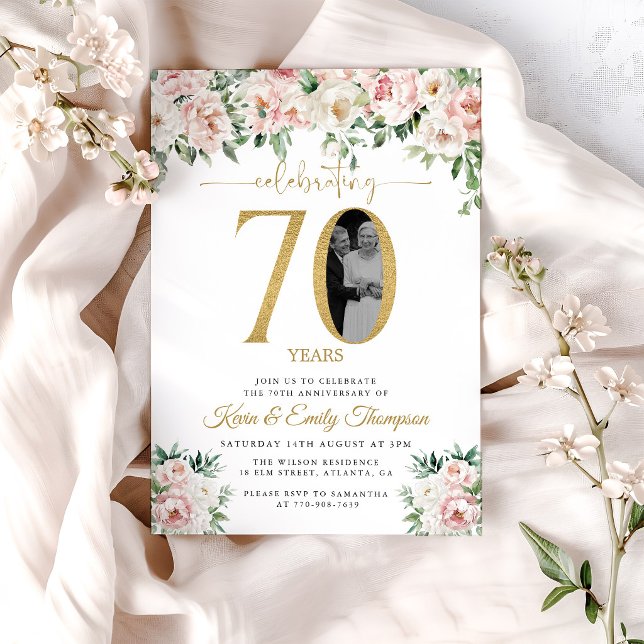 Rosa blommig bild 70-årsjubileum inbjudningar (Skapare uppladdad)