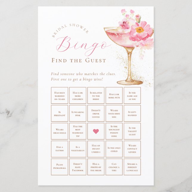 Rosa blommig bröllopsdusch Bingo pappersark (Framsida)