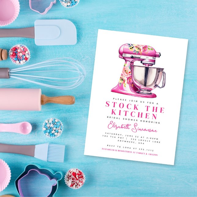 Rosa blommig Bröllopsdusch för att fylla köket Inbjudningar (Pink Floral Stock the Kitchen Bridal Shower Invitation)