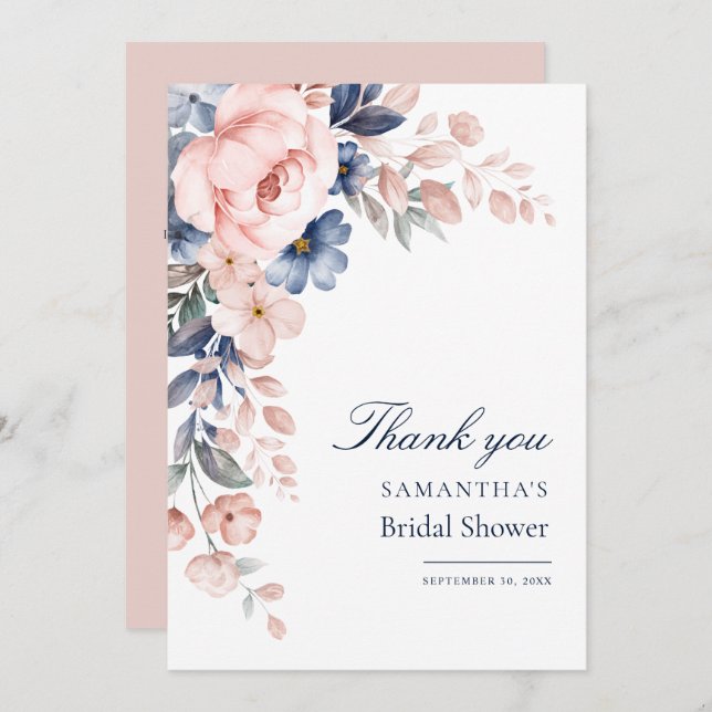 Rosa Blommig Bröllopsdusch i Vattenfärg Tack Kort (Fram/baksida)