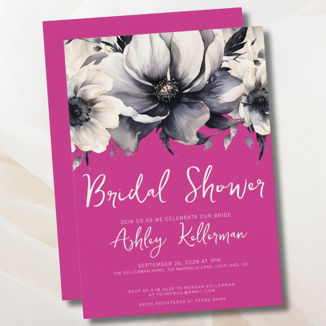 Rosa Blommig Bröllopsdusch Inbjudningar (Watercolor Floral Bright Pink Bridal Shower Invitation)