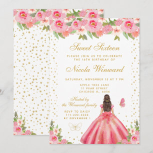 Rosa Blommig Brunett Hår Prinsessa Sweet Sixteen Inbjudningar