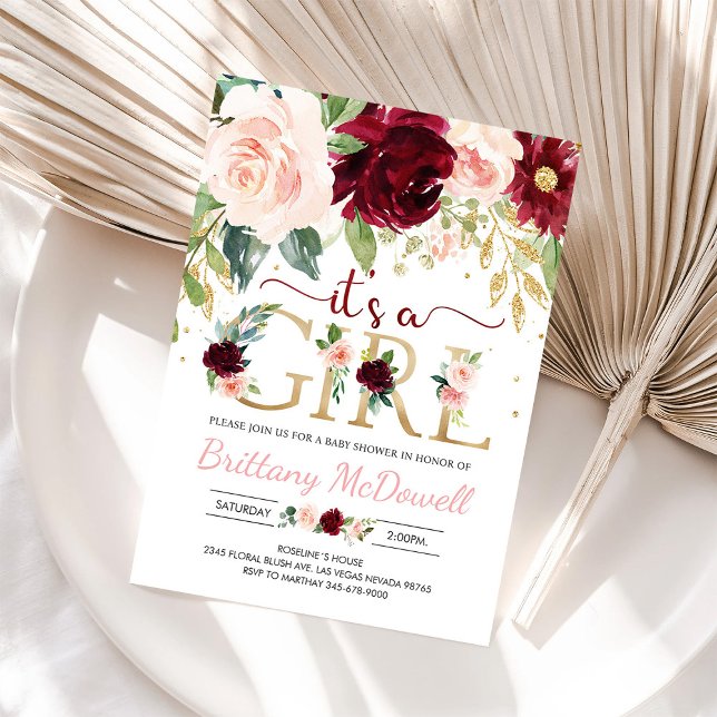 Rosa Blommig Burgunder Flicka Bebis Kalas Inbjudan (Skapare uppladdad)