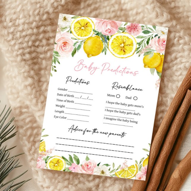 Rosa blommig citron Baby-förutsägelser spel (Summer Lemon Citrus Baby Shower Baby Predictions Game)