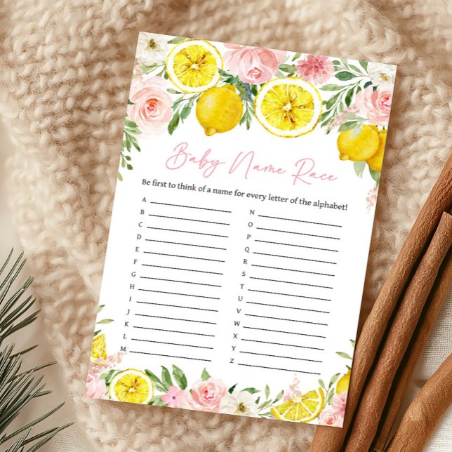 Rosa blommig citron Baby Namn Tävlingsspel (Summer Lemon Citrus Baby Shower Baby Name Race Game)
