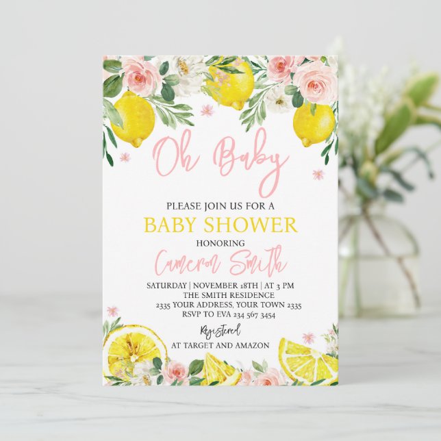 Rosa Blommig Citron Baby Shower Inbjudningar (Stående Fram)