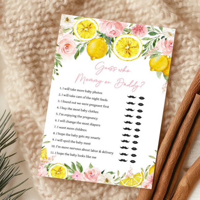Rosa blommig citron Gissa vem som är Mamma eller P (Summer Lemon Citrus Baby Shower Guess Who Mommy or Daddy Game)