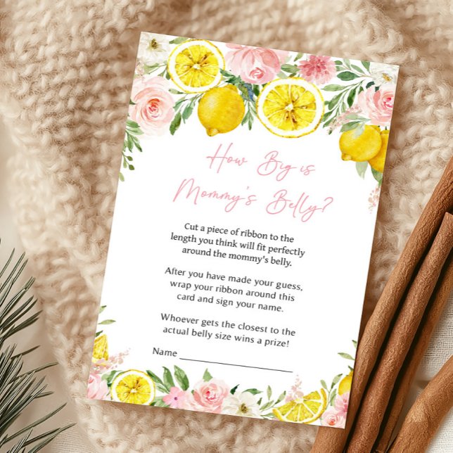 Rosa blommig citron Hur stor är mammans mage spel (Summer Lemon Citrus Baby Shower How Big Is Mommy's Belly Game)