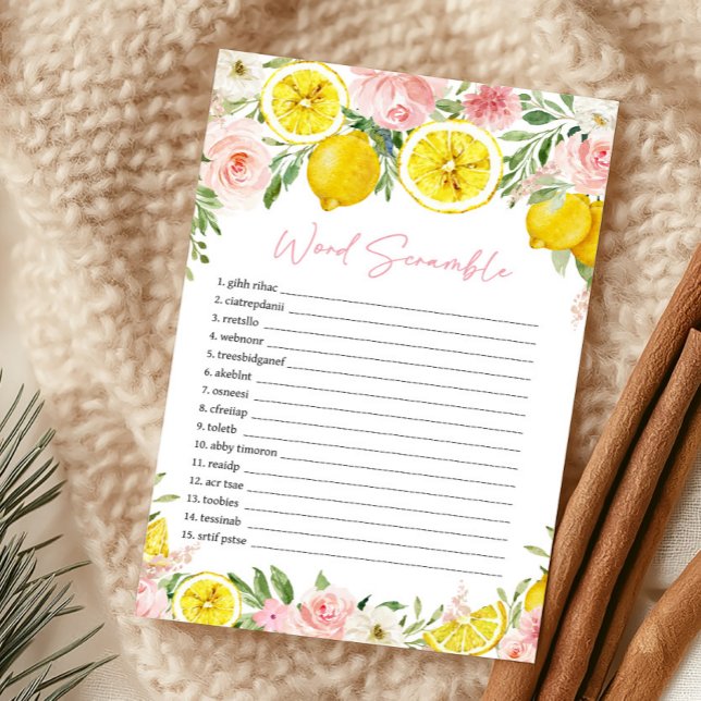 Rosa blommig citron-ordspridningslek (Summer Lemon Citrus Baby Shower Word Scramble Game)