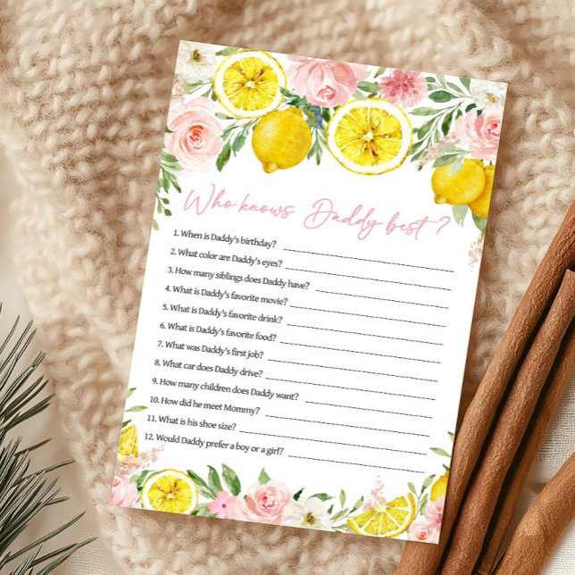 Rosa blommig citron vem vet pappa bäst spel (Summer Lemon Citrus Baby Shower Who Knows Daddy Best Game)