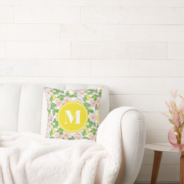 Rosa blommig citronmönster monogram kudde (Soffa)
