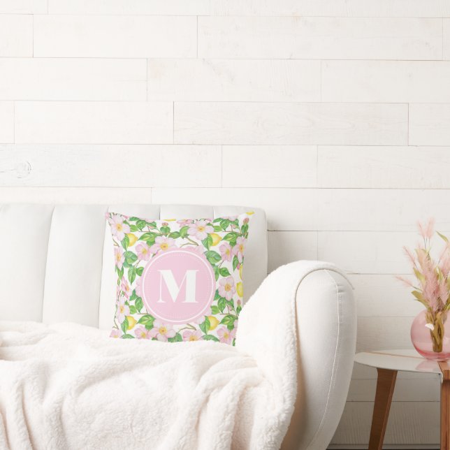 Rosa blommig citronmönster monogram kudde (Soffa)