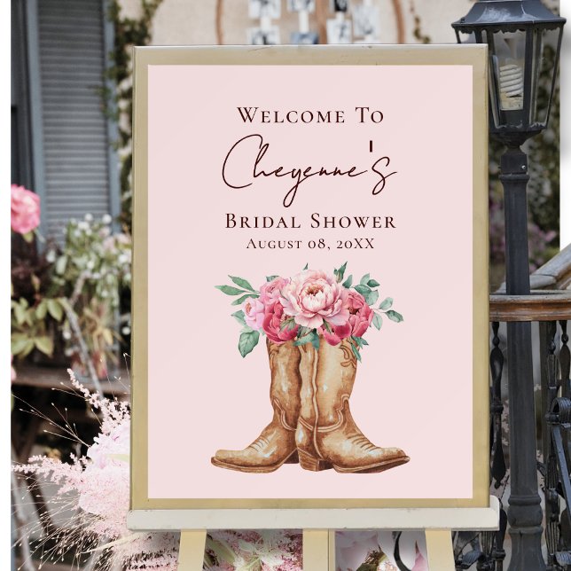 Rosa Blommig Cowgirl Rustik Bröllopsdusch Välkomme Poster (Skapare uppladdad)