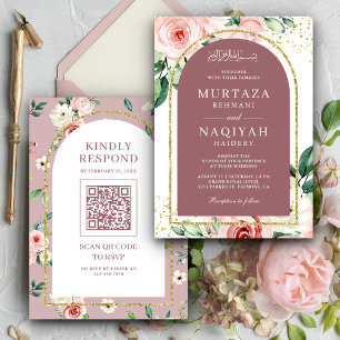 Rosa Blommig Dammros Båg QR-kod Muslimsk Bröllop Inbjudningar