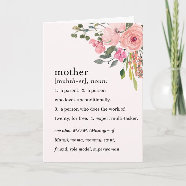 Rosa blommig definition av en mamma, mors dag kort (Framsida)