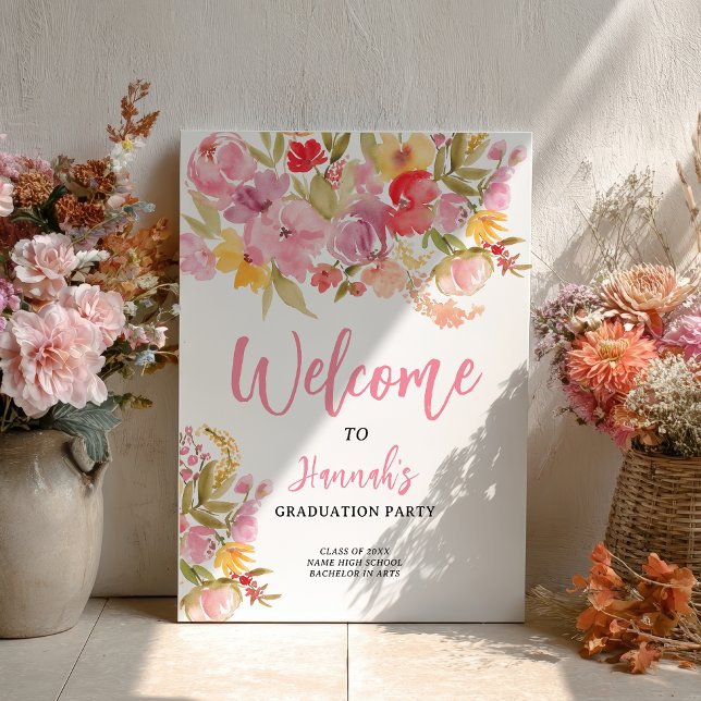 Rosa blommig djärv handmålad examenshälsning poster (Pink Floral Bold Hand-Painted Graduation Welcome Poster)