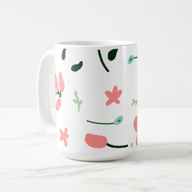 Rosa Blommig Doodle Trädgård Present Kaffemugg (Framsida vänster)