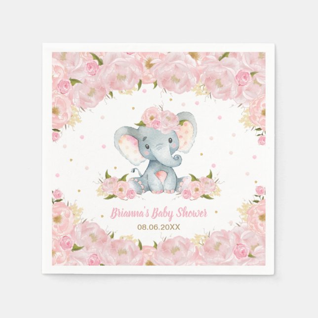 Rosa blommig elefant Baby Shower Födelsedag  Pappersservett (Framsidan)