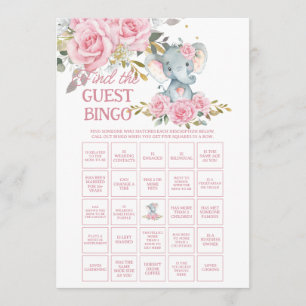 Rosa blommig elefant Hitta gäst baby bingo Anteckningskort