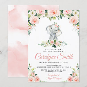 Rosa Blommig Elefant Redigerbar Baby Shower Inbjudningar