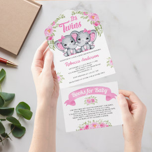 Rosa blommig elefant tvillingflickor baby shower