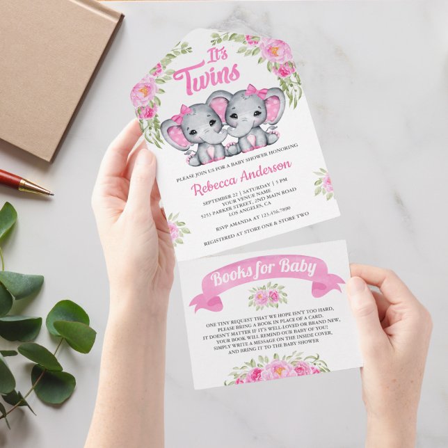 Rosa blommig elefant tvillingflickor baby shower (Skapare uppladdad)