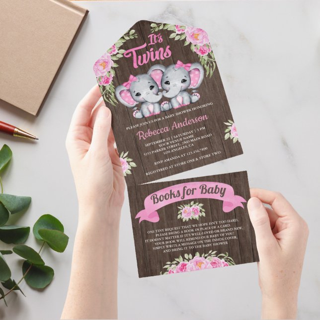 Rosa blommig elefant tvillingflickor trä baby show (Skapare uppladdad)
