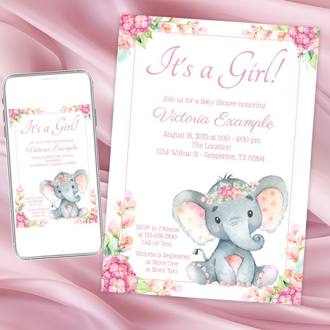 Rosa blommig elefantflicka bebisfest inbjudan (Girl elephant baby shower invitation. Instant download and printed invitations available.)