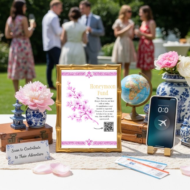 Rosa blommig elegant bröllopspresent QR-kod skylt Inbjudningar (Pink floral Elegant Honeymoon Fund QR code sign)