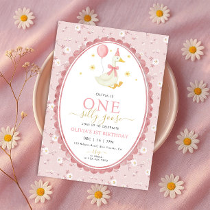 Rosa Blommig En Dum Goose Flicka 1-årsdag Inbjudningar