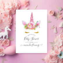 Rosa Blommig Enhörning Bebis Shower Inbjudan