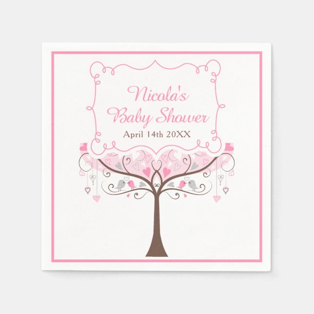 Rosa Blommig Fågel Baby Shower Pappersservett (Framsidan)