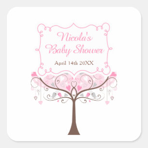 Rosa blommig fågel tack för beskedet baby shower fyrkantigt klistermärke