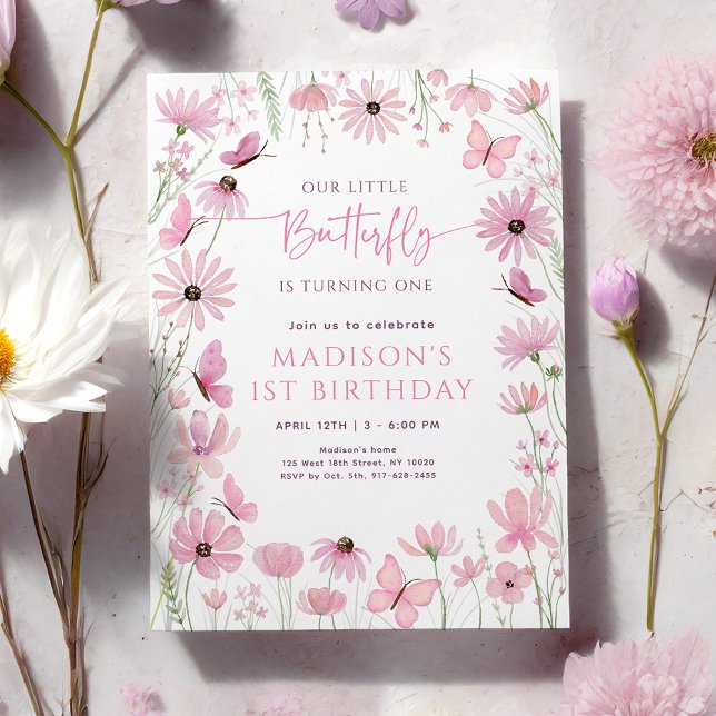 Rosa blommig fjäril Första födelsedagen Inbjudningar (Skapare uppladdad)