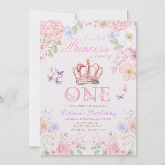  Rosa Blommig Fjäril Prinsessa 1-års Födelsedag Inbjudningar (Framsida)