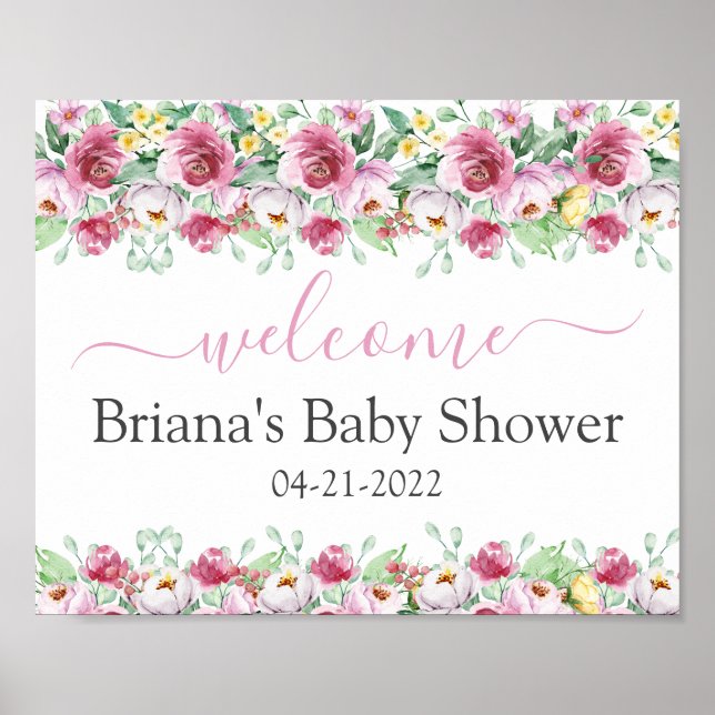 Rosa blommig flicka bebis shower välkomstskylt poster (Framsidan)