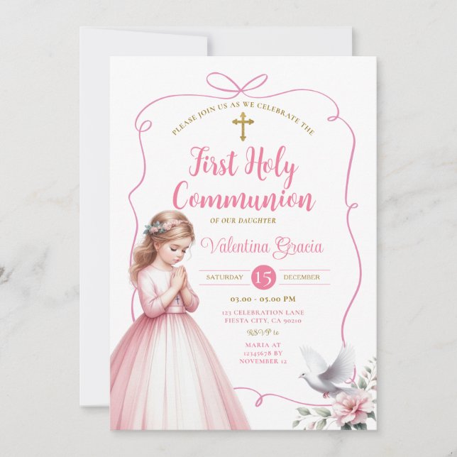 Rosa blommig flicka som ber första heliga kommunio inbjudningar (Framsida)