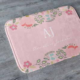 Rosa blommig flickig monogramnamn personlig badrumsmatta