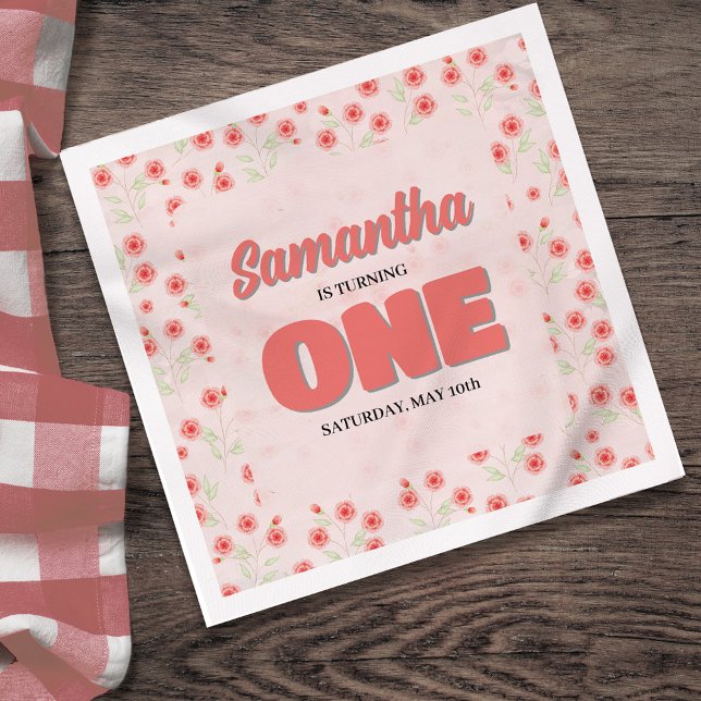 Rosa Blommig Första Födelsedagsfest för Flickor An Pappersservett (First Birthday party custom paper napkin template. )