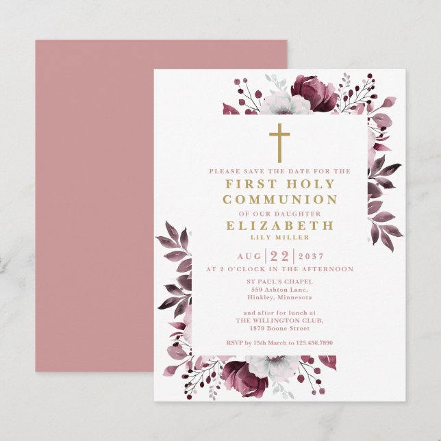 Rosa blommig första kommunion Save The Date Vykort (Fram/baksida)