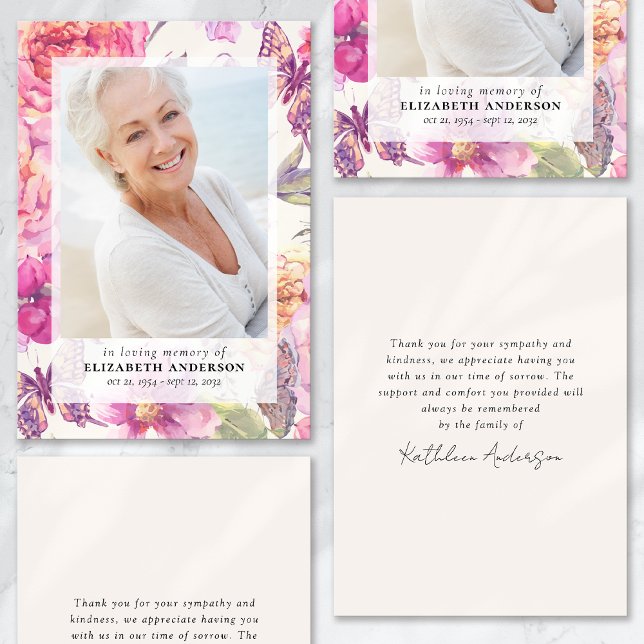Rosa blommig foto begravning kondoleans tackkort kort (Skapare uppladdad)