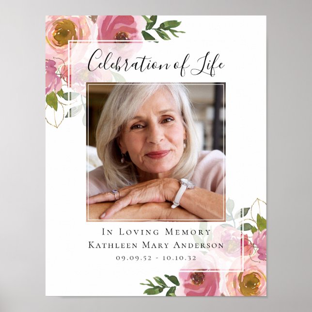 Rosa Blommig Foto I Kärleksfullt Minne Välkomstsky Poster (Framsidan)