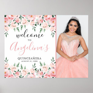 Rosa Blommig Foto Quinceanera Välkomstskylt Poster
