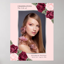 Rosa blommig fotofuneral skylt firande av liv
